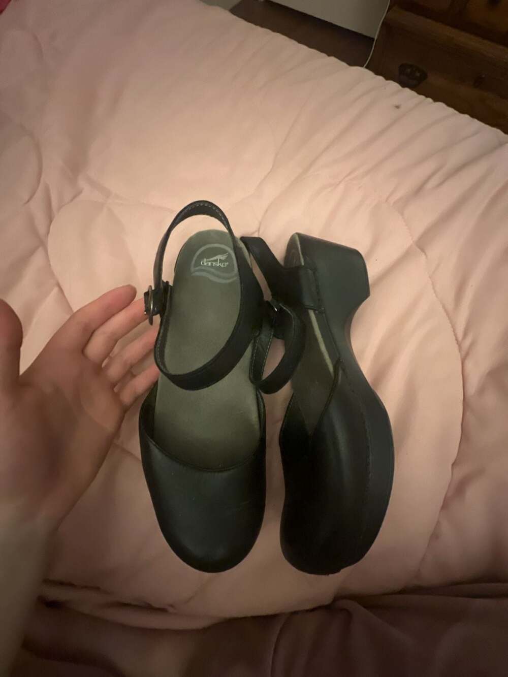 Dansko Sam Black Full Grain Leather Mary Jane Wedge Sandals